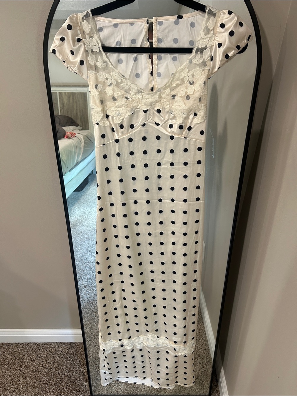 White Polka Dot Maxi Dress with Lace Trim - Picture 2 of 3